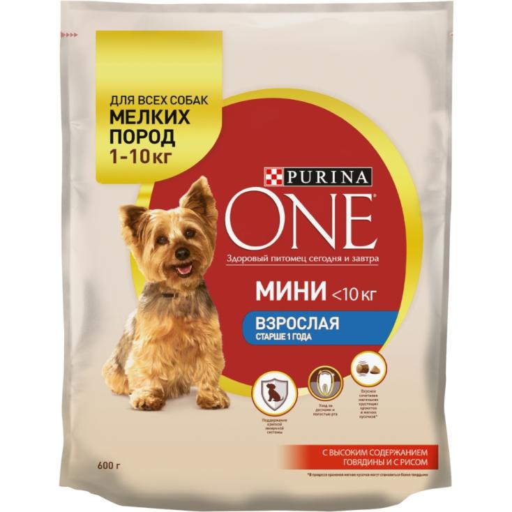 Корм для взрослых собак сухой Purina One Мини Говядина рис 600 г