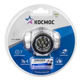 Фонарь налобный H7LED (3xR03 в компл.) 7св/д (70lm), серебристый пластик, 3 режима Космос