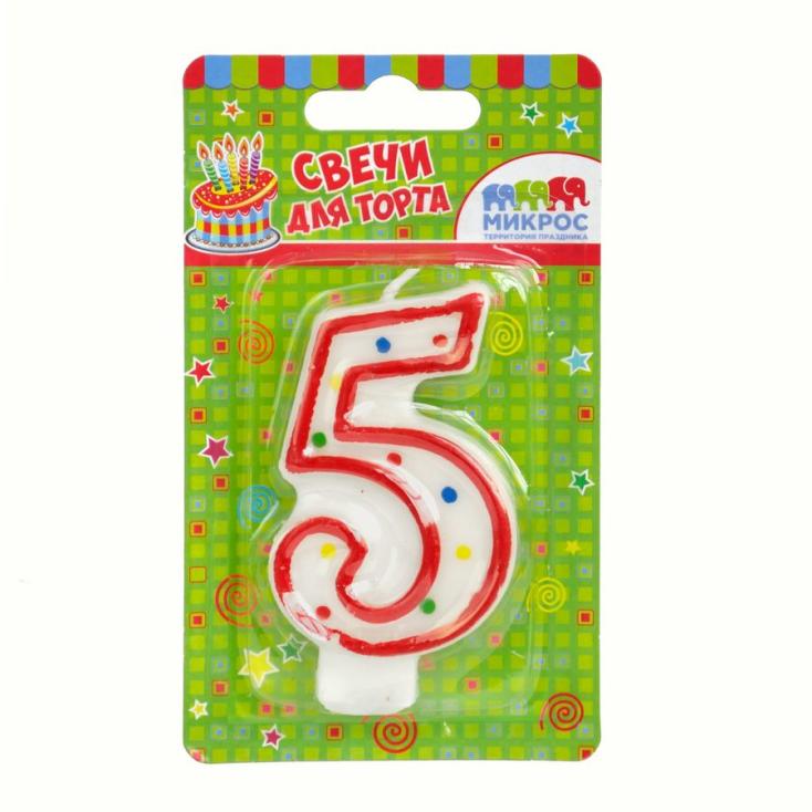 Свеча-цифра "5" красное ассорти, 7,5 см