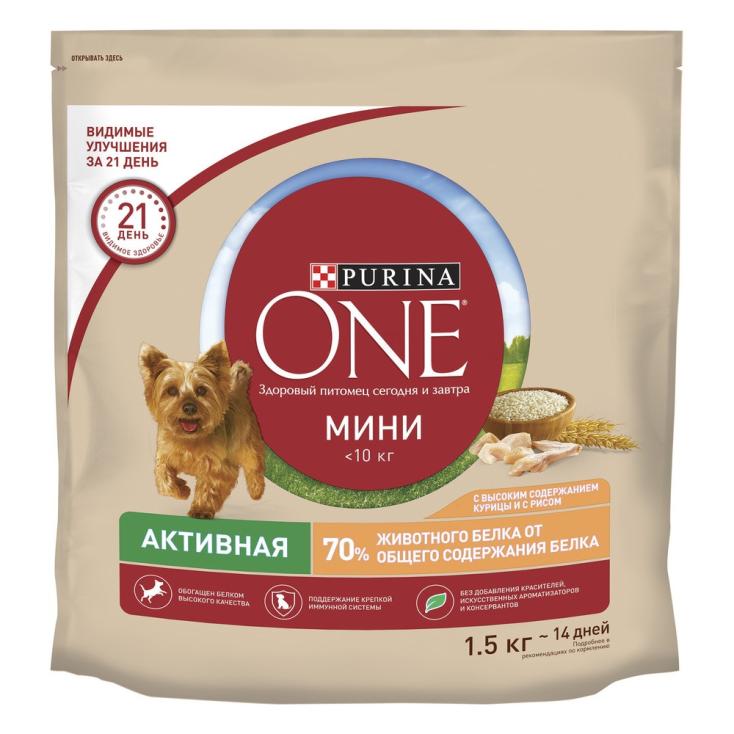 Корм для собак сухой Purina One Мини Активная Курица рис 1,5 кг