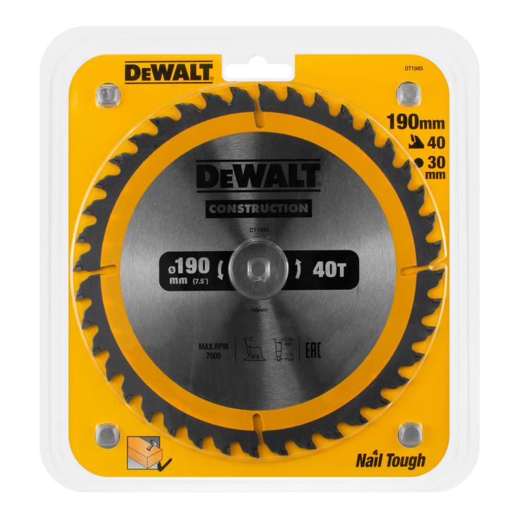 Диск пильный по дереву 190х30 мм 40Т DeWalt Construction 40 ATB +10°