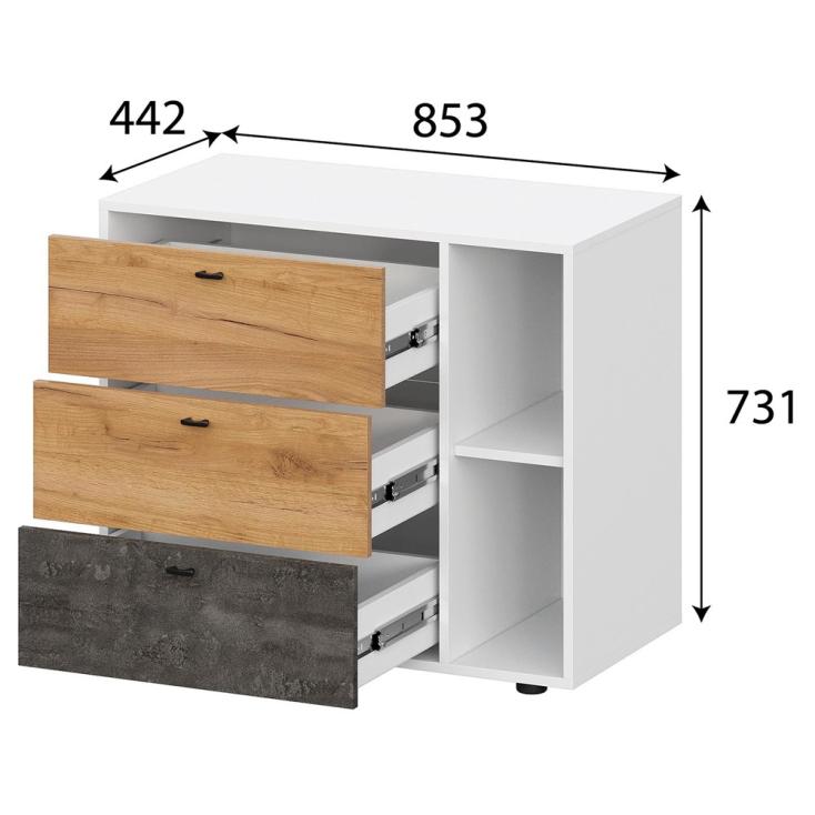 Комод Анри 853х731х442 мм 3 ящика белый текстурный/Дуб Золотой/Железный Камень
