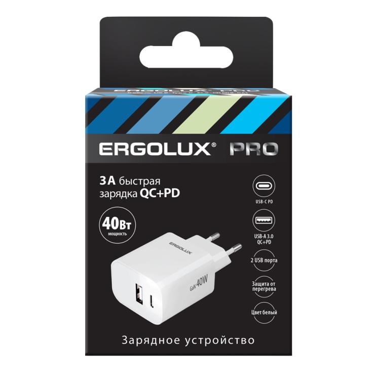 Блок питания Ergolux 15294 ELX-РA04QC-C01 GaN 3А 1USB+1Type С 40Вт белый